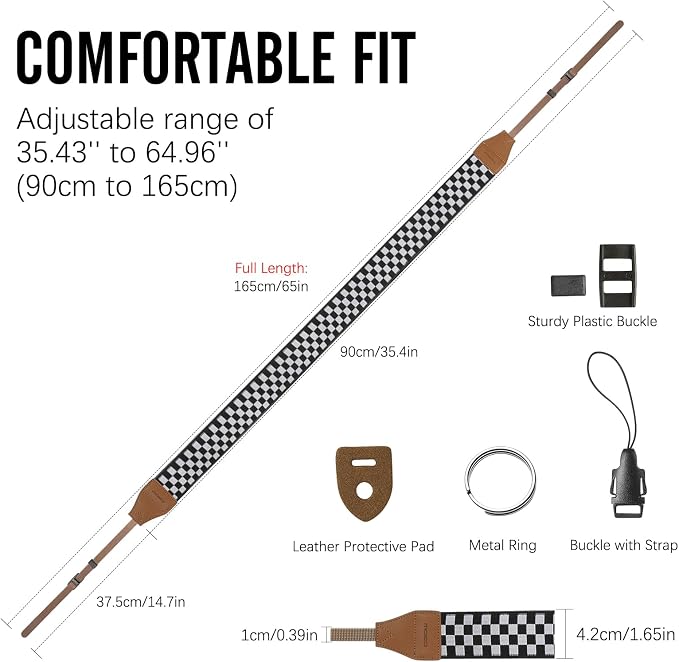 MoKo Camera Strap Compitable with Canon/Sony/Nikon/Minolta/Panasonic/DSLR | Cotton Vintage Camera Strap,Adjustable Neck Shoulder Strap,for Camcorder,Binoculars,for Adults Kids, Black and White Plaid - Image 5