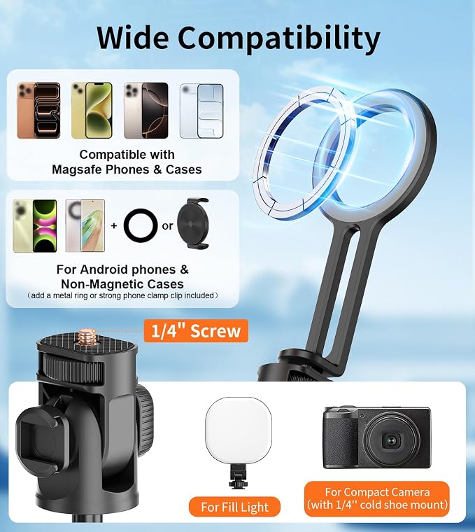 69" Magnetic Phone Tripod Stand Selfie Stick with Remote & Phone Mount | Portable Stand holder Rechargeable with Tripod Leg，360°Rotatable Travel Tripod Compatible for iPhone/Android/Magsafe - Image 7