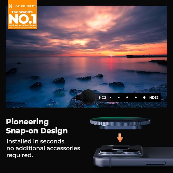 K&F CONCEPT Snap-On ND2-32 Filter Compatible with iPhone 17 Pro & Pro Max | 11.2g Ultra-Lightweight Variable ND Lens Filter with Snap-on Deco Mount, AGC Glass 28-Layer Coating, FA301 - Image 2