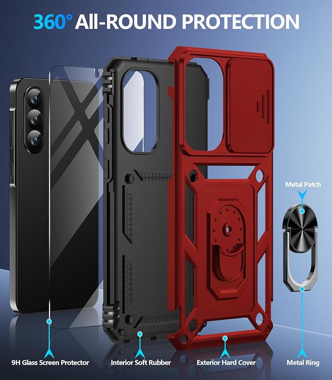 Taisairu for Samsung Galaxy A37 Case/A36 Case with Screen Protector & Slide Camera Lens Cover, Built-in Ring Stand Shockproof Protective Case for Samsung A37 5G Case/Samsung A36 5G Case (Red) - Image 2