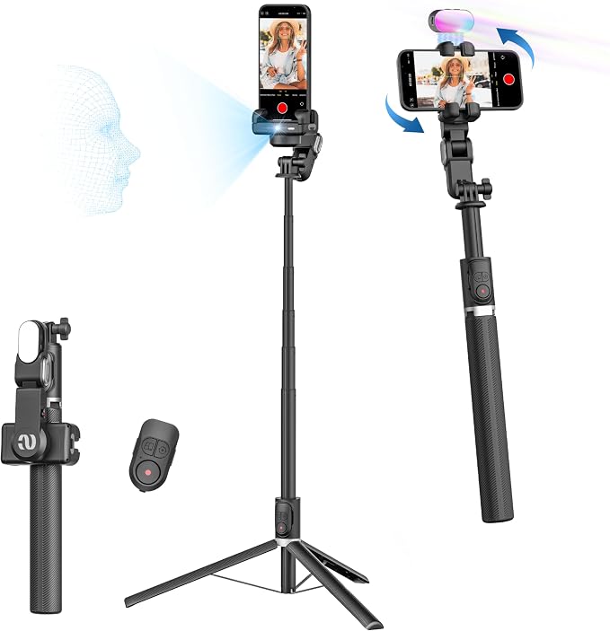 AOCHUAN 59'' Face Tracking Tripod, Phone Gimbal with RGB Light(M2PRO Black) | Selfie Stick for iPhone, Phone Tripod with Light, Content Creator Essentials for Video Recording, Tiktok, and Live Streaming by AOCHUAN