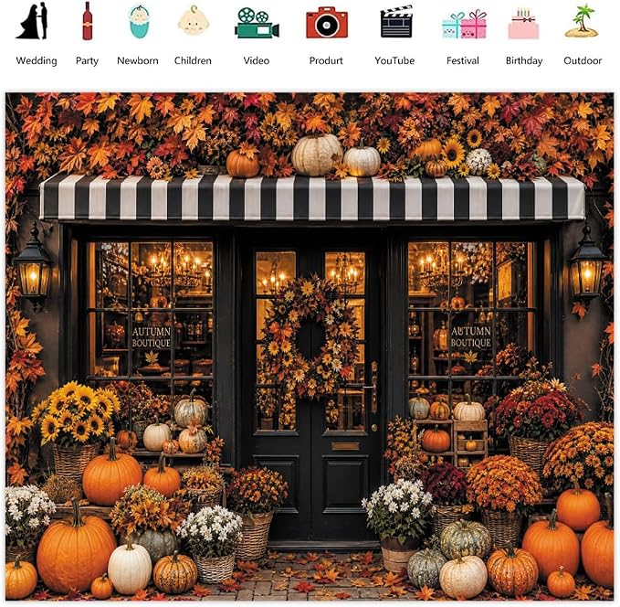 10x8ft Fall Pumpkin Shop Backdrop for Photography Autumn Harvest Backdrop | Autumn Harvest Photo Background with Sunflower, Maple Leaves, Flowers, Vintage Fall Festival Thanksgiving Party Decorations - Image 2