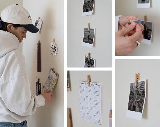 20 Pack Mini Self Adhesive Clips for Pictures - Beige Wood Clip Photo Holders for Wall, Poster Hanger, Photo Cards Hanging Display Board & Picture Boards, Artwork Photos Holders Hangers Room Decor - Image 5