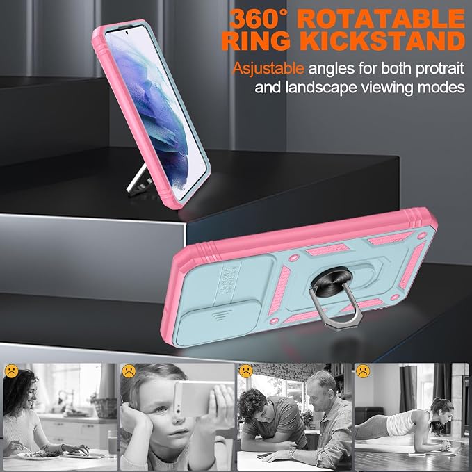 Gritup for Samsung Galaxy S22+ Plus Case with Screen Protector*2, Galaxy S22 Plus Case Build in 360° Rotating Ring Kickstand, Military Grade Protective Case for S22 Plus Phone, Green+Pink - Image 8