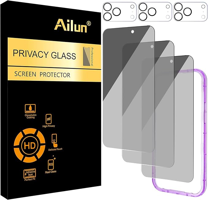 Ailun Privacy Screen Protector+Camera Lens Protector for iPhone 17 Pro Max | 3+3 Pack, 6.9 inch, Installation Frame, Dynamic Island Compatible, Anti Spy Tempered Glass by Ailun