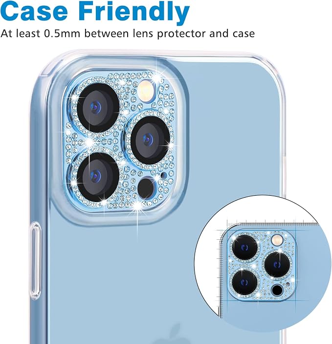 Compatible with iPhone 13 Pro & iPhone 13 Pro Max Camera Lens Protector, Bling Lens Cover 3D Rhinestone Diamond 9H Tempered Glass Camera Cover Anti Scratch Shockproof Lens Screen Full Protective Cover - Sierra Blue - Image 4