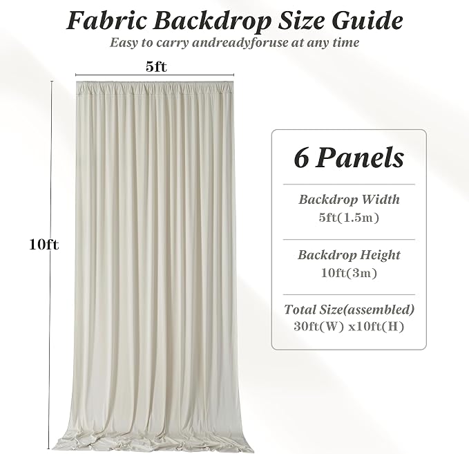 30 ft x 10 ft Wrinkle Free Beige Backdrop Curtain for Parties, 6 Panels 10ft Polyester Beige Photo Backdrop Drapes for Graduation Birthday Wedding Party Stage Curtains - Image 7