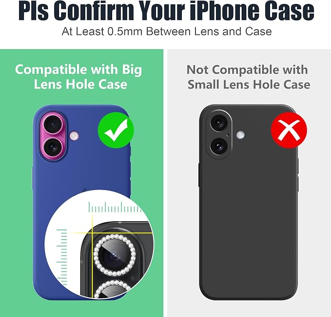 AGVEE 3+3 6 Pack for iPhone 16/16 Plus Camera Lens Protector Cover | Individual Bling Diamond & Bling Glitter Sparkle Cute Gem Metal Ring, 9H Tempered HD Glass - Image 3
