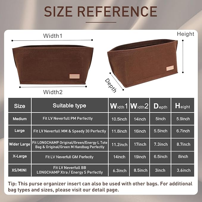 Doxo Purse Organizer Insert for Handbags & Base Shaper 2pc Set, Felt Neverfull PM Organizer Insert, Tote Bag Organizer with Zipper Pocket and Bottle Holder, Fit Neverfull PM and More, Brown-M - Image 2