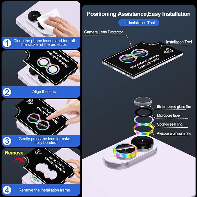 for Samsung Galaxy Z Fold 8 Camera Lens Protector, Individual Metal Ring Tempered Glass Lens Cover, [Strong Adsorption] Scratch Resistant Ultra-Thin HD Clear Lens Cover, 1 Set-Colorful - Image 7