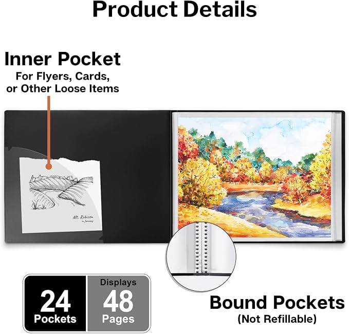 Dunwell 11x14 Portfolio Binder, 24 Pockets, Horizontal, Black | Clear Plastic Sleeves, Presentation Book, For Documents, Certificates & School Artwork - Image 5