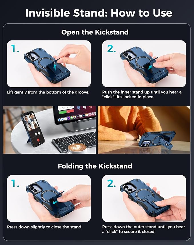 Goton 3 in 1 for iPhone 17 Case with Privacy Screen Protector Blue | Glass Camera Lens Protector,Compatible for MagSafe,Invisible Kickstand, Shockproof Phone Cover for iPhone17 - Image 8