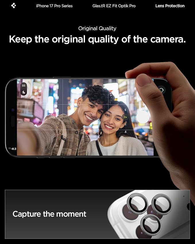Spigen Camera Lens Protector for iPhone 17 Pro Max / 17 Pro - Gray | GlasTR EZ Fit Optik Pro, 9H+ Tempered glass, Scratch resistant, Auto-align tray, Original photo quality, Case-friendly, 2Pack - Image 3