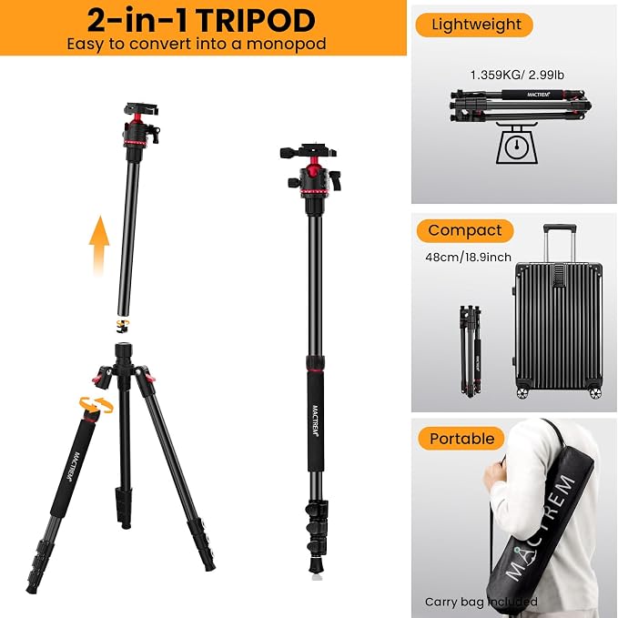 MACTREM Heavy Duty Aluminum Camera Tripod 67" Travel Monopod 360° Ball Head | Lightweight 2.6lb Load13lb Folds 16.5", Phone Holder 74" Height Monopod DSLR Smartphone Tablet Projector IPad Binoculars - Image 5