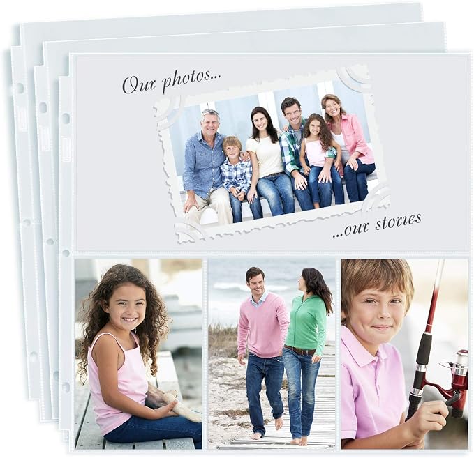 Dunwell 12x12 Scrapbook Page Protectors, 50 Pack, Fits 3-Ring Scrapbook Album Binder, Combo Layout Holds 300 4x6 Vertical Photos Plus 6x12 Top Pocket, Acid-Free Poly 12x12 Scrapbook Page Protectors - Image 8