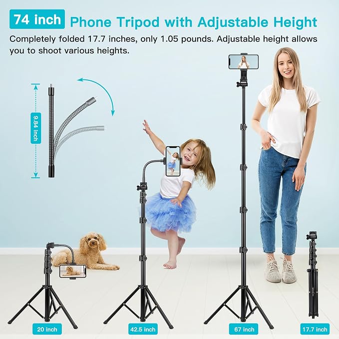 74" Flexible Phone Tripod, Tall Cell Phone Tripod with Adjustable Gooseneck | Portable Camera Cellphone Stand with Remote for Video Recording, Compatible with iPhone Android - Image 3