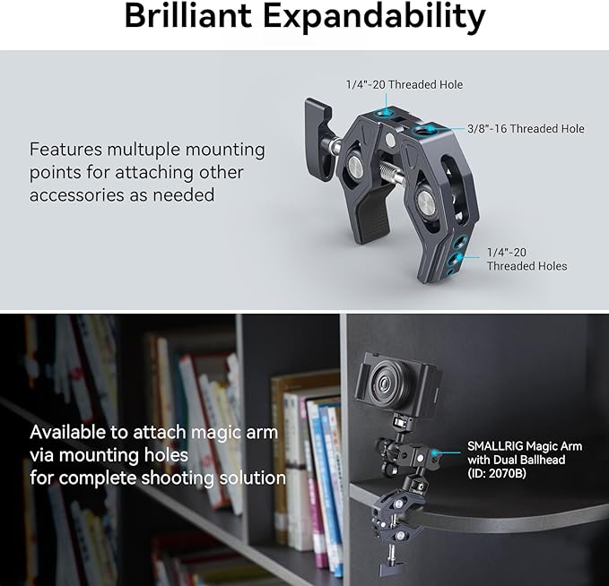 SMALLRIG Super Clamp, Camera Mount with 1/4'' and 3/8'' Threaded Holes | 7.7lbs/3.5kg Payload, Compatible with Cameras, Monitors, LED Lights, etc. - Image 3