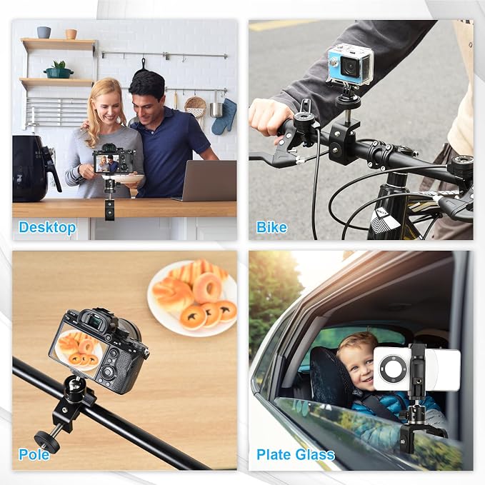 UTEBIT Super Clamp Mount with Mini Ball Head Mount, 30mm | 1/4" Screw Hot Shoe Adapter Camera Clamp for Desk, Bicycle, Gopro Compatible with DJI Action 2/Insta360, Black - Image 8