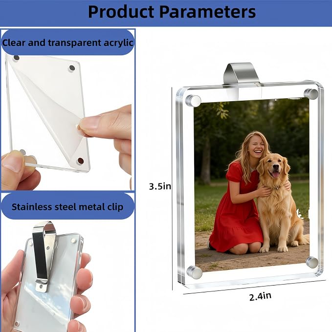 2 Pack Car Picture Holder, Clear Acrylic Magnetic Car Visor Photo Clip | Clear Anti-yellow Acrylic, Strong Magnets & Stable Metal Clip; Horizontal/Vertical Display, Personalized Car Picture Frame - Image 2