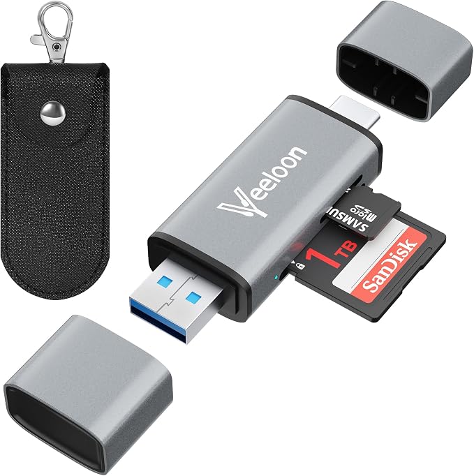 OTG SD Card Reader，Dual Slots USB 3.0 Type C to Micro SD Card Adapter, MicroSD SDHC SDXC Memory Card Viewer with PU Carrying Case for Camera, iPhone 17 16 15 Pro/Pro Max PC Computer MacBook Laptop by Veeloon