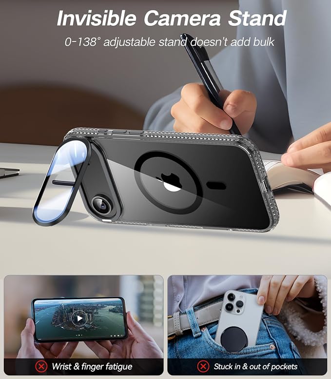 VOFATA [Upgraded Full Camera Protection] for iPhone Air Case with Camera Cover Stand [Fit for MagSafe][10FT Mil-Grade Protection] Transparent Magnetic Phone Cover for iPhone 17 Air Case, Clear Black - Image 4