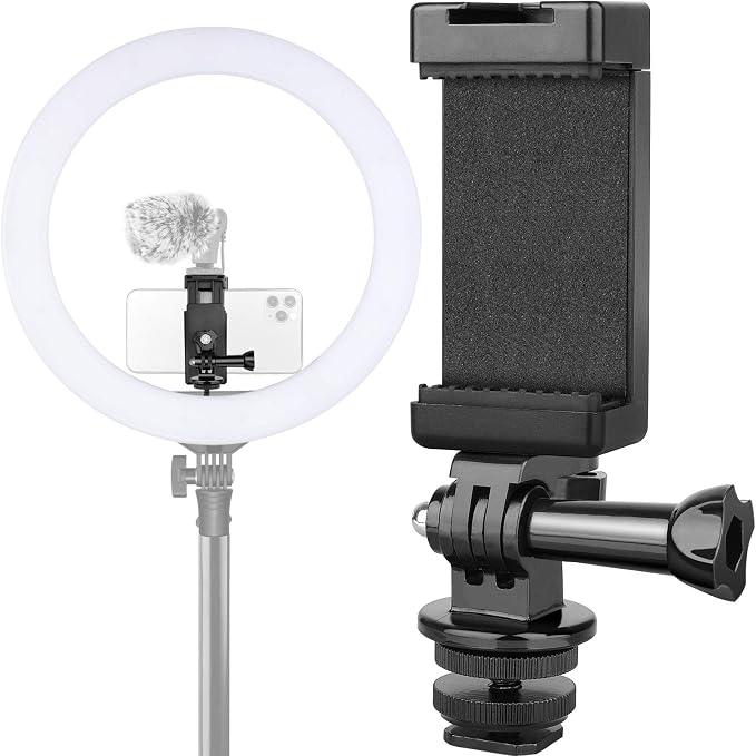 Anwenk Phone Holder Hot Shoe Mount Adapter with Cold Shoe Mount for Microphone/ Flash Light Compatible with Gopro Hero DJI Osmo Action Camera Smartphone, Attach on DSLR Camera / Ring Light/ Tripod by Anwenk