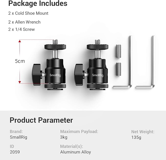 SmallRig 1/4" Camera Hot Shoe Mount, Ballhead Tripod with Additional 1/4" Screw, 2pcs Pack - 2059 | 1/4" Screw to Hot Shoe Adapter, Ballhead for 360° Adjustment, Includes Extra 1/4" Screw, 2pcs, Maximum Load 3kg - Image 7