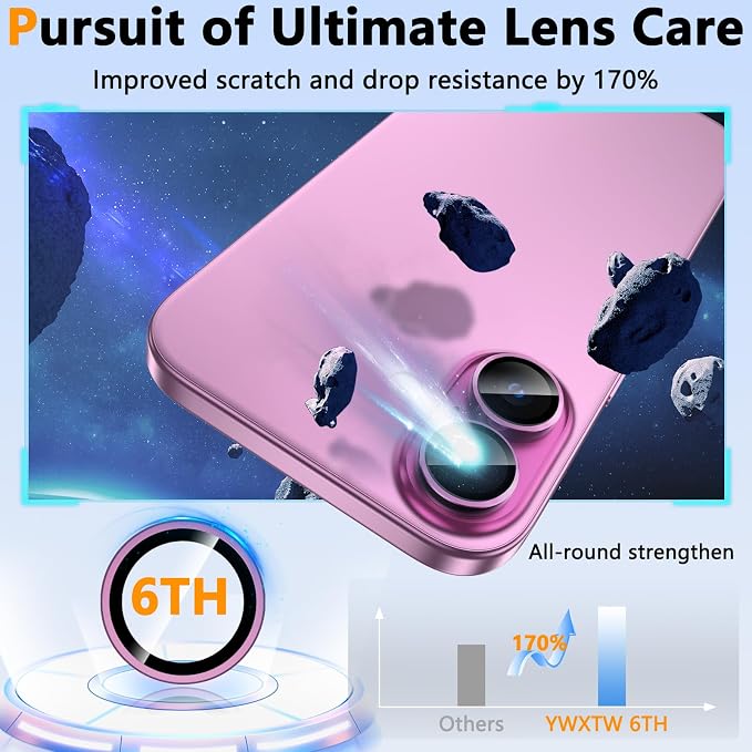 YWXTW for iPhone 16/16 Plus Camera Lens Protector, Individual Anti Scratch Metal Ring Tempered Glass Camera Screen Protector for iPhone 16 Accessories, Case Friendly (Pink) - Image 3