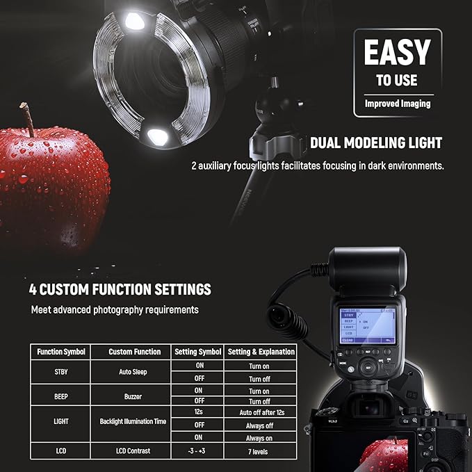 NEEWER RF1-S Marco Ring Flash Light Compatible with Sony Camera, 76Ws GN15 5600K TTL Lighting, 1-1/128 Output Front/Rear Curtain Sync Color Gels Lens Adapter Rings for Macro Photography Studio Photo - Image 7