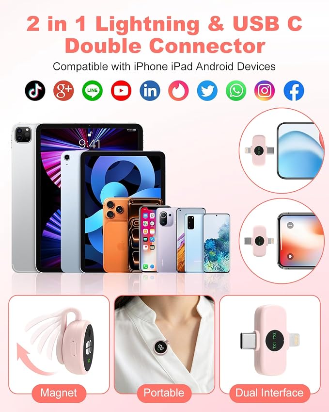 Wireless Microphone for iPhone & USB C Android, AI Noise Canceling Lapel Mic with Charging Case Magnetic Clip LCD Display DSP Chip Lavalier Mini Microphone for Vlogging Tiktok Live Stream YouTube Pink - Image 6