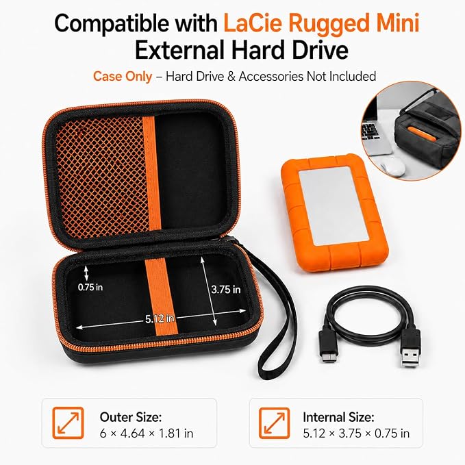 ALKOO Case for LaCie Rugged Mini 1TB/2TB/4TB/5TB External Hard Drive | Portable HDD Holder, Cable Pocket, SD Card Storage, for Photographers, Creators, Students, Office, Travel, Case Only, Sun - Image 2
