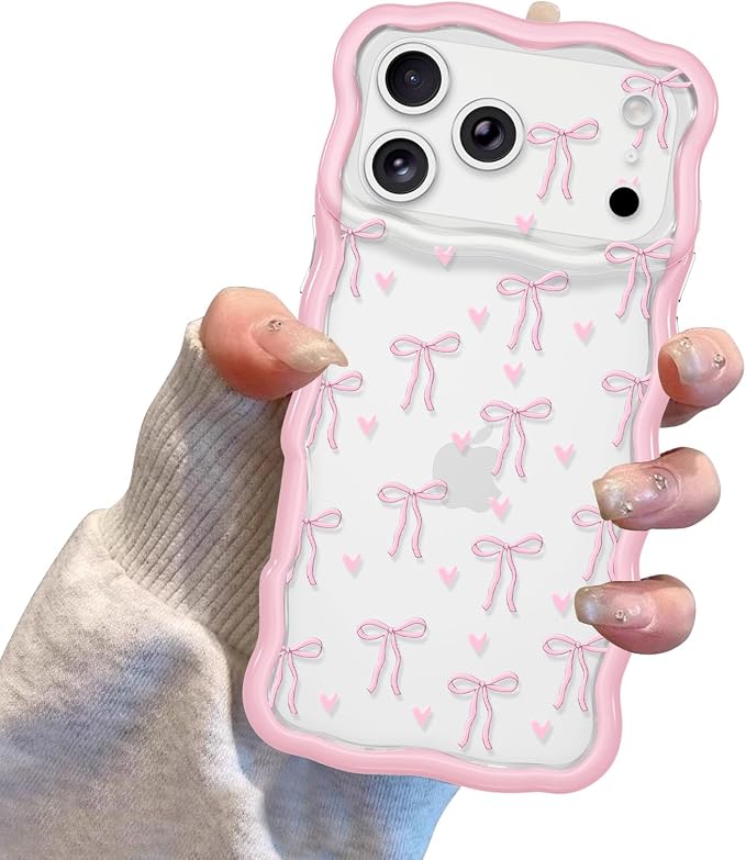 QLTYPRI for iPhone 17 Pro Max Pink Bow Case, Clear Cute Pink Ribbon Bow Phone Case Curly Wavy Aesthetic Phone Cover, Soft Slim Transparent TPU Shockproof Protective Cover for Women Girls - Love Bow - Image 7