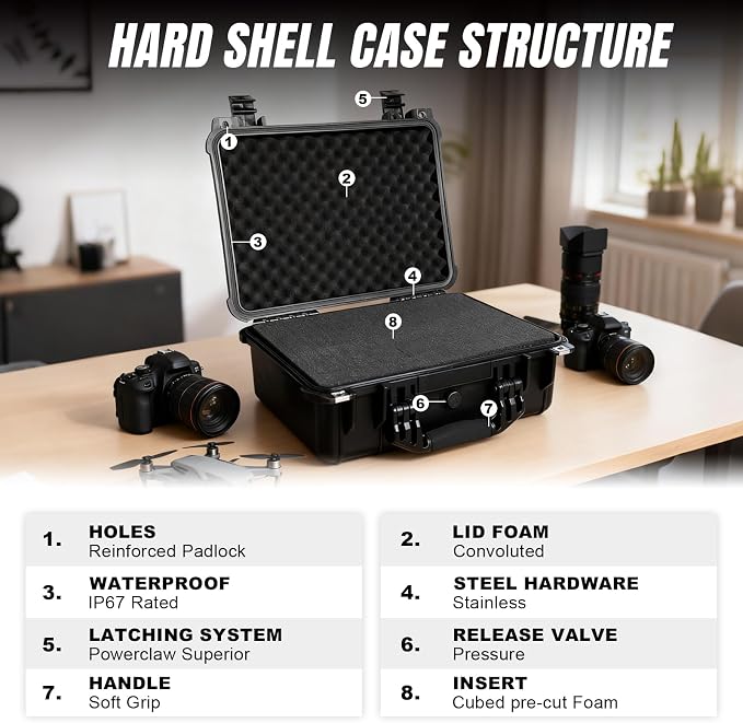 Jack Boss Waterproof Hard Camera Case with Pre-cut Foam,Black | Portable Protective Hard Shell Case With Updated Plastic Material,Fit Drones,Camera,Equipments,16x12.8x6.8 Inch - Image 3