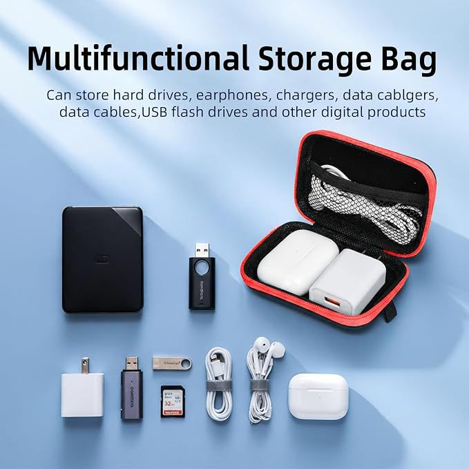 Earbud Case Portable EVA Storage Bag Cell Phone Accessories Organizer with Carabiner for Wired/Wireless Earphone, Earbud, Earpieces, SD Memory Card, Camera Chips, Tech Pouch, Rectangle, Red - Image 4