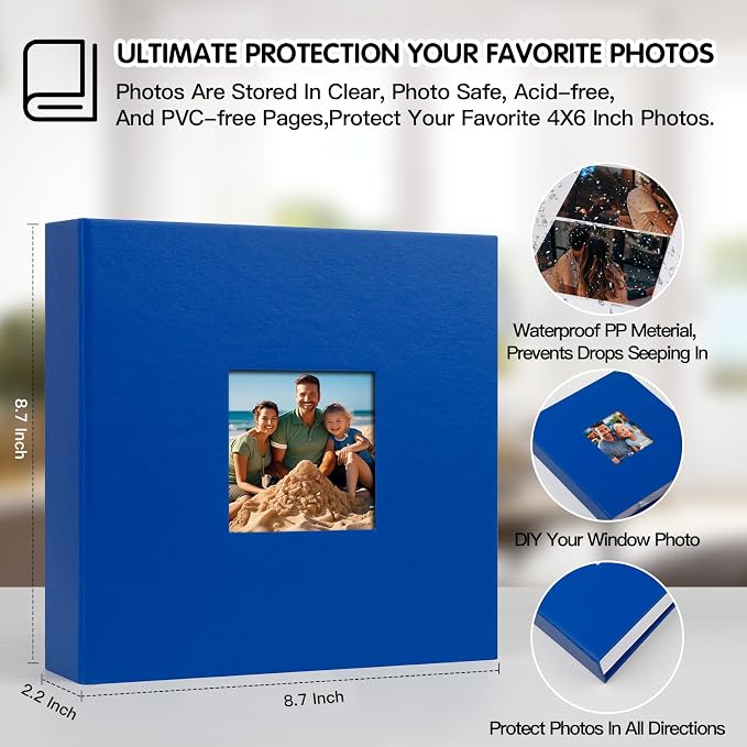4x6 Photo Album Holds 240 Photos Writing Space, PU Leather, Blue | Clear Acid-Free Sleeves, Memo Writing Areas, Front Display Window, Baby, Wedding, Travel & Family Picture Keepsakes - Image 3