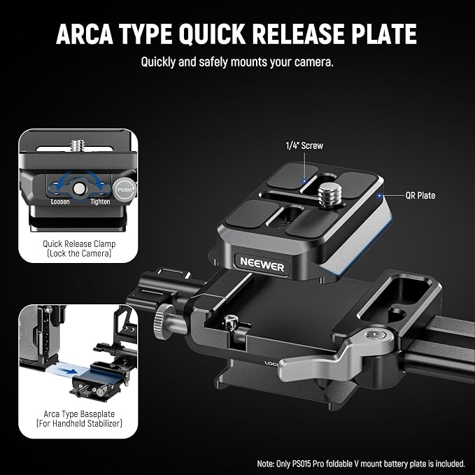 NEEWER Foldable V Mount Battery Plate with Arca Type Baseplate, PS015 PRO | Quick Release Camera Base Plate, Lightweight DSLR Video Rig, Compatible with SmallRig V Mount Battery Cage DJI RS4 RS3 Gimbal - Image 3