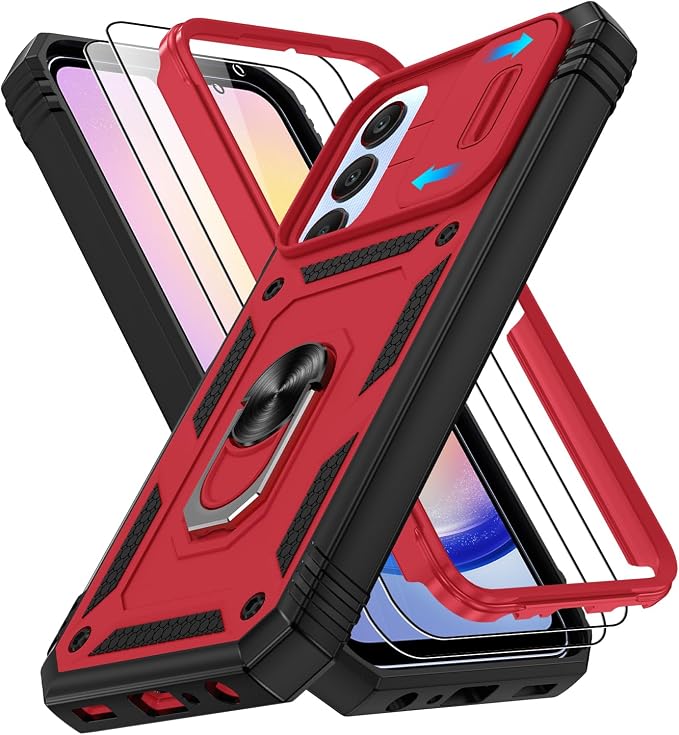 Fit for Samsung Galaxy A25 5G Phone Case with 2PCS Screen Protector, Build in 360° Rotating Ring Kickstand, Military Grade Protective Case for Samsung A25 Case Phone, Red+Black by Gritup