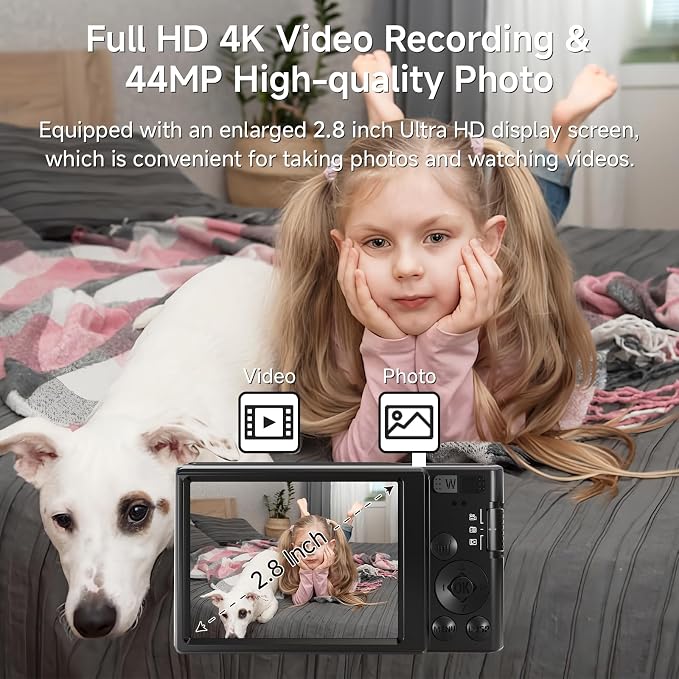 Digital Camera 4K, 2026 Upgrade Black Cameras for Teens, Autofocus Digital Point and Shoot Camera for Kids with 16X Zoom, 64GB SD Card, Compact Small Camera for Boys Girls Teens Kids Gift - Image 3