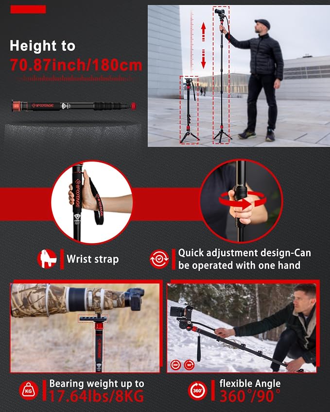 IFOOTAGE Monopod for Camera Cobra 3 A180T,71"/180cm Monopod with Feet | Walking Stick,CB3 Base Tripod,for Camera Photography,Travel,Payload up to 17.64 lbs/8 KG - Image 6