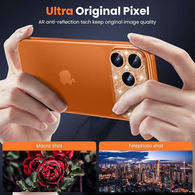 WSKEN for iPhone 17 Pro Camera Lens Protector - Military Grade Design | Strong Adhesion, Daily Shatterproof, Metal Aluminum Alloy Tempered Glass Camera Screen Protector, Glitter Orange - Image 2
