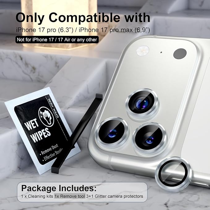 Choiche for iPhone 17 Pro/iPhone 17 Pro Max Camera Lens Protector | Ultra HD, 9H Tempered Glass Camera Cover Screen Protector Metal Ring Decoration Accessories (Silver) - Image 2