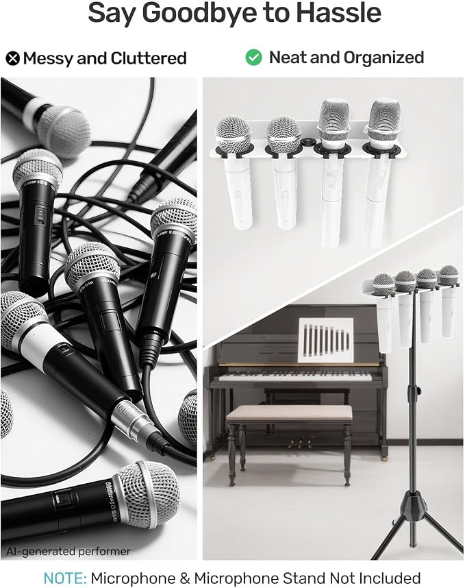 Multi Mic Holder, Wall Mount for 4 Handheld Wired/Wireless Mics, White | Compatible with 5/8-27 & 3/8-16 Thread Stand, Rubber Pad Protection, Easy Access for Church/Stage/Podcast, Sturdy Metal Build - Image 3