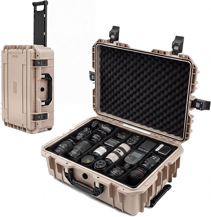 Relaxweex Rolling Camera Hard Case with Padded Dividers & Wheels, Impact-resistant Hard Shell Travel Case for Cameras, Lenses & Accessories(26 x 20 x 10 Inch,Sand Color) by Relaxweex