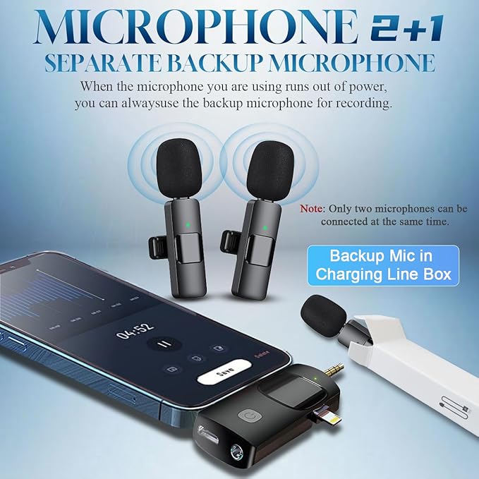 3 in 1 Wireless Lavalier Microphone for iPhone, iPad, Android, Camera,12-Hour Battery, mini Noise Reduction Recording Mic 2.4G Ultra-Low Delay, Microphone for Vlog/ TikTok/YouTube Live Stream( 3 Mic) - Image 2