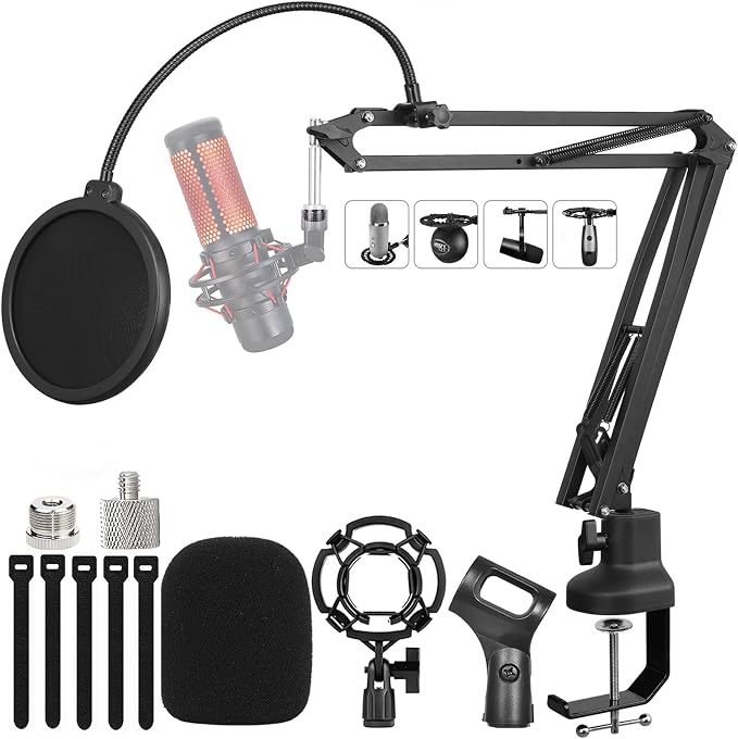 Heavy Duty Adjustable Boom Arm Microphone Stand | Includes pop filter, mic mounts and 1/4", 3/8", 5/8" adapters; compatible with Blue Yeti and HyperX QuadCast for broadcast. by LulingArts