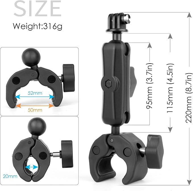 Super Clamp Camera Mount with 360° Ballhead Magic Arm for GoPro | Aluminum Bike Motorcycle Handlebar Holder Mount for Insta360 DJI DSLR Smartphone, Phone Holder & 1/4-20 Ball Head Adapter - Image 4