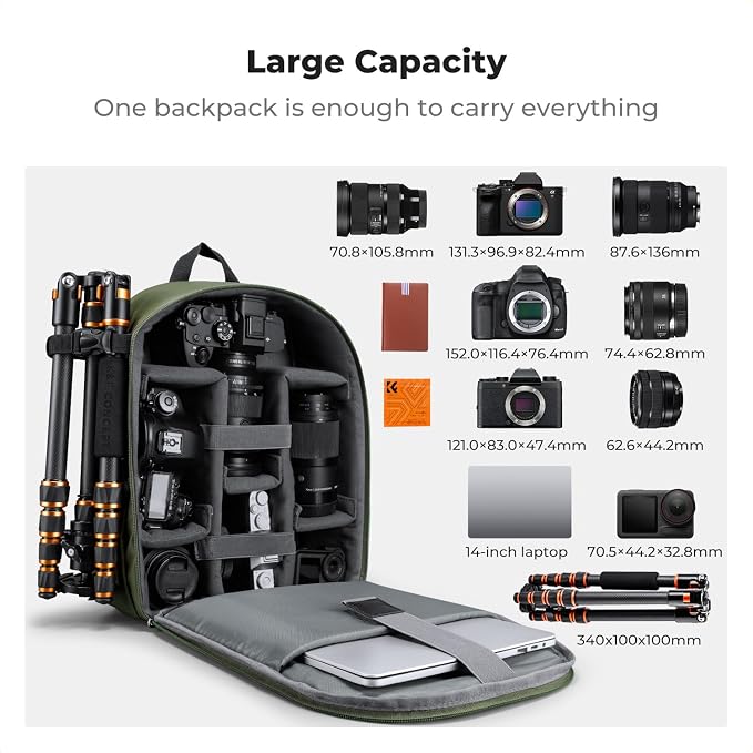 K&F CONCEPT Camera Backpack, DSLR/SLR/Mirrorless Photography Camera Bag | 14in Laptop Compartment & Rain Cover, 600D Fabric for Travel & Daily, Men & Women, Dual-Mode Detachable Dividers, Green, B19 - Image 3