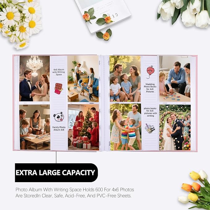 Photo Album 4x6 Vertical 600 Photos with Writing Space, Pink | Linen Cover, Acid-Free Pages, Clear PP Pockets, Memo Writing Space, Front Display Window, Family, Wedding & Travel Memories - Image 3