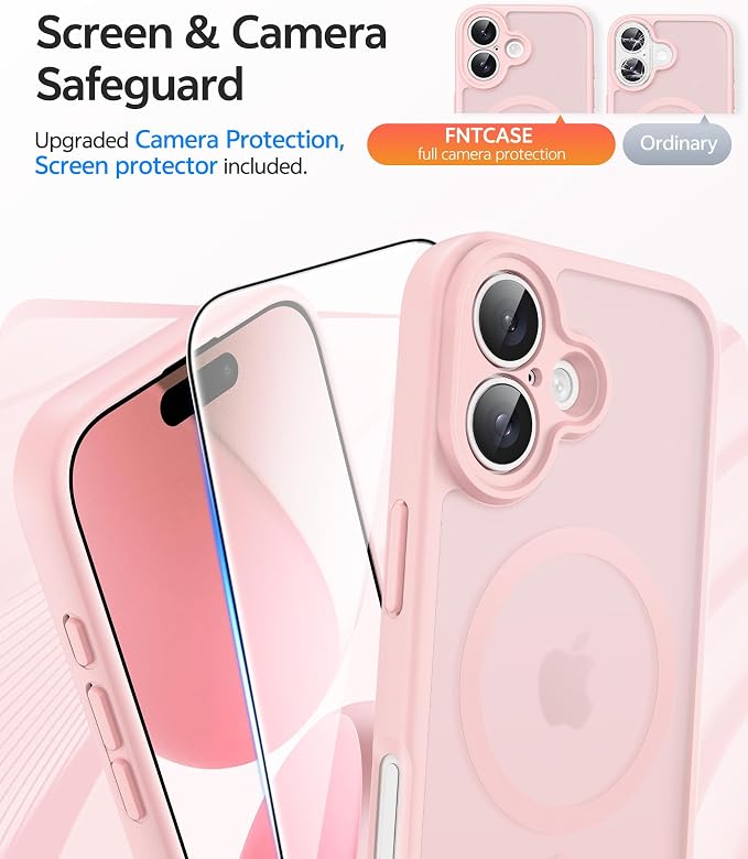 FNTCASE for iPhone 17 Case, Compatible with Magsafe, Glass Screen Protector | Full Camera Protection, Translucent Matte, 14FT Military Grade Drop Proof, Shockproof Protective Phone Cover, Light Pink - Image 4