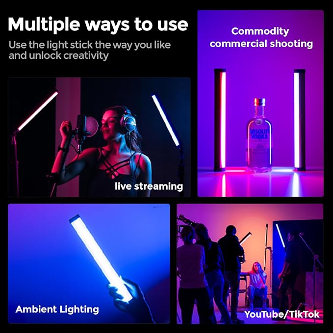 PHOTOOLEX Magnetic Light Wand, 360° RGB Tube Light, LED Video Light Stick | 10W/Full Color/CRI 96+/TLCI 97+/2500K-9900K/21 Scenes/Handheld/5200mAh, for Studio Photography Vlog Recording Streaming - Image 3